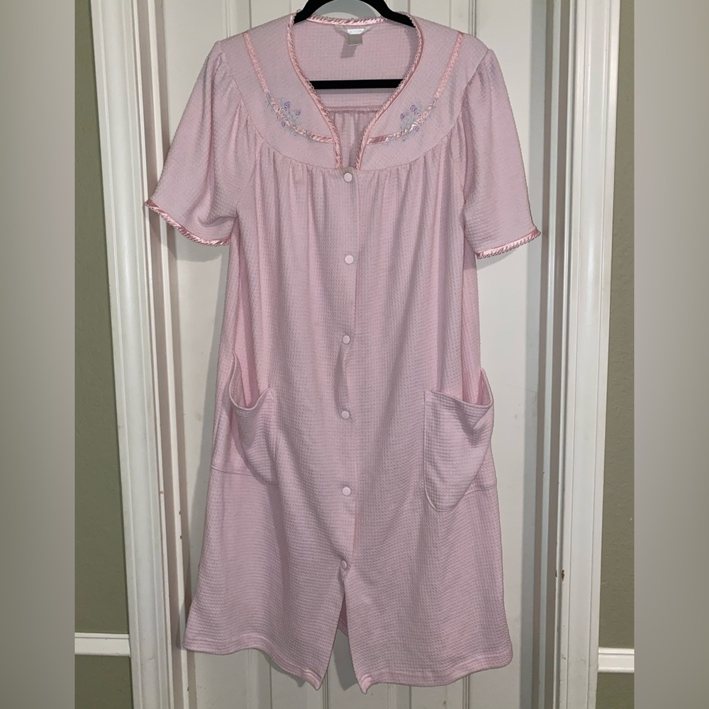 Adonna Pink Short Sleeve Button-Front Robe/Patio Dress w/Embroidered Yoke-MuuMuu